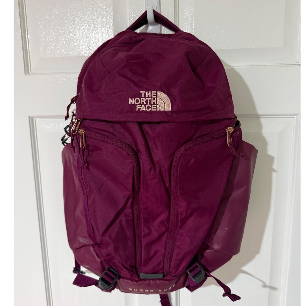 The North Face Surge Luxe Backpack Maroon Rose Gold Trim Womens Laptop Bag